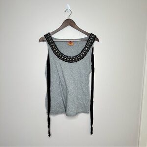 Tory Burch Sleeveless Tunic with Black Jewel Neckline Tie Detail Grey Large
